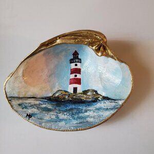 Seashell Hand Painted Lighthouse and Ocean, Gold Leaf Trim, Trinket Dish